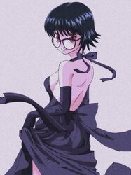  backless_outfit bad_id bad_twitter_id bare_back bare_shoulders black_dress black_hair breasts clothes_lift dress elbow_gloves enoki_(gongindon) feet_out_of_frame female from_behind glasses gloves hunter_x_hunter lifting_own_clothes looking_at_viewer looking_back medium_breasts official_style shizuku_murasaki short_hair sideboob simple_background skirt skirt_lift smile solo wind 