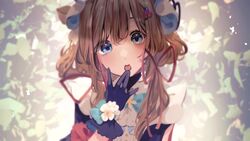  :o animal_ears black_gloves blue_eyes brown_hair eli_conifer eli_conifer_(1st_costume) eyebrows_hidden_by_hair female flower gloves hand_to_own_mouth head_tilt highres leaf looking_at_viewer low_twintails nijisanji open_mouth sakai_eri_(illustratoreri) solo squirrel_ears straight-on twintails upper_body virtual_youtuber 