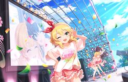  3girls bare_legs blonde_hair blue_sky camera cloud cloudy_sky collarbone dancing day frilled_skirt frills hair_ornament hair_ribbon ichinose_shiki idolmaster idolmaster_cinderella_girls idolmaster_cinderella_girls_starlight_stage leaf long_hair looking_at_viewer loose_clothes loose_shirt loose_skirt matching_outfits miniskirt miyamoto_frederica multiple_girls official_art one_eye_closed purple_hair ribbon sakurai_momoka screen shirt shoes short_hair skirt sky stage stage_lights sunlight t-shirt twintails wavy_hair 