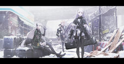  3girls absurdres ak-alfa ak-alfa_(girls&#039;_frontline) assault_rifle black_legwear blonde_hair blue_eyes box cup desert_tech_srs drinking drinking_glass girls&#039;_frontline glasses gloves gun h&amp;k_mg4 hair_ornament hairclip handgun highres holding holding_cup holding_gun holding_weapon incredibly_absurdres leg_belt letterboxed long_hair looking_at_viewer mg4_(girls&#039;_frontline) mg4_(mod3)_(girls&#039;_frontline) military military_uniform multiple_girls orange_eyes rifle sitting snowing srs_(girls&#039;_frontline) standing thighhighs uniform weapon white_hair wu_lun_wujin 