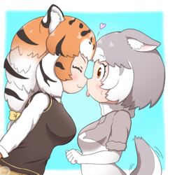  2girls animal_ears animal_print blush cat_ears closed_eyes dog_(mixed_breed)_(kemono_friends) dog_ears dog_tail heterochromia kemono_friends kissing kissing_nose multicolored_hair multiple_girls nanachii_(nanatidayo) noses_touching siberian_tiger_(kemono_friends) tail tail_wagging tiger_print tongue tongue_out vest 