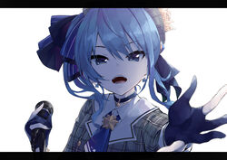  ascot beret blue_ascot blue_bow blue_eyes blue_gloves blue_hair bow choker collared_shirt commentary_request crown dress_shirt female gloves grey_hat grey_jacket hair_between_eyes hairbow hat highres holding holding_microphone hololive hoshimachi_suisei hoshimachi_suisei_(1st_costume) jacket konkito letterboxed long_hair long_sleeves looking_at_viewer microphone microphone_stand mini_crown open_mouth partially_fingerless_gloves plaid plaid_headwear plaid_jacket shirt side_ponytail simple_background solo star_(symbol) star_choker striped striped_bow tsurime upper_body v-shaped_eyebrows virtual_youtuber white_background white_shirt 