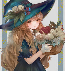  basket black_dress blue_dress blue_hat brown_eyes brown_hair dress dried_flower female flower flower_basket hat hat_flower highres holding holding_basket komorihikki long_hair original parted_lips short_sleeves solo witch witch_hat 