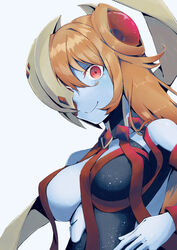  absurdres adramelech_(mon-musu_quest!) blue_skin breasts closed_mouth colored_skin female highres kawahara0527 large_breasts long_hair looking_at_viewer mon-musu_quest! mon-musu_quest:_paradox monster_girl one_eye_covered orange_eyes red_eyes simple_background smile solo space_print starry_sky_print upper_body white_background 