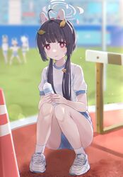  4girls absurdres aka_(440626) animal_ear_headphones animal_ears black_hair blue_archive blue_shorts blunt_bangs blurry blurry_background blush bottle breasts bright_pupils closed_mouth day depth_of_field fake_animal_ears grey_halo gym_uniform halo headphones highres holding holding_bottle leaf leaf_on_head long_hair looking_at_viewer miyako_(blue_archive) miyu_(blue_archive) moe_(blue_archive) multiple_girls outdoors rabbit_platoon_(blue_archive) red_eyes saki_(blue_archive) shirt shoes short_sleeves shorts sitting small_breasts socks solo_focus squatting thighs track_and_field twintails water_bottle white_footwear white_pupils white_shirt white_socks 