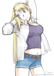  belt blackfoxes blonde_hair blue_eyes blue_shirt commentary_request cowboy_shot earrings female fullmetal_alchemist hand_on_own_face jewelry long_hair looking_away navel ponytail shirt shorts simple_background smile solo watermark white_background white_shirt winry_rockbell 