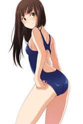  ass brown_hair commentary_request competition_swimsuit female from_behind green_eyes highres idolmaster idolmaster_cinderella_girls long_hair looking_back meganei one-piece_swimsuit photoshop_(medium) racerback shibuya_rin solo swimsuit 