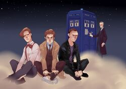  4boys absurdres bow bowtie brown_hair commentary_request doctor_who eleventh_doctor_(doctor_who) formal froc_coat highres jacket leather leather_jacket male_focus multiple_boys necktie ninth_doctor_(doctor_who) police_box raincoat rishangsangan short_hair suit suspenders tardis tenth_doctor_(doctor_who) the_doctor time_machine twelfth_doctor_(doctor_who) 