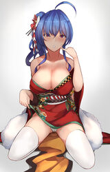  absurdres ahoge azur_lane blue_hair blush breasts chinese_commentary cleavage clothes_lift commentary_request female flower hair_flower hair_ornament highres japanese_clothes kimono kimono_lift large_breasts looking_at_viewer official_alternate_costume panties pantyshot purple_eyes short_kimono simple_background sitting solo st._louis_(azur_lane) st._louis_(spirits_in_the_snow)_(azur_lane) thighhighs underwear wariza white_thighhighs yusha_m 