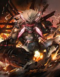  1boy abs chains commentary convenient_censoring electricity explosion fire fu-mi.a gatling_gun highres holding minigun muscular open_mouth sound_voltex teeth veins voltenizer_maxima white_hair 