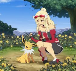  :d bare_shoulders blonde_hair danzilla flower gen_1_pokemon jolteon long_hair mountain one_eye_closed open_mouth pokemon pokemon_(creature) purple_eyes red_eyes smile squatting tree wreath 