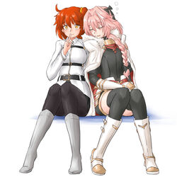  1boy ahoge androgynous astolfo_(fate) black_bow bow braid cape chaldea_uniform closed_eyes commentary_request fate/apocrypha fate/grand_order fate_(series) female finger_to_mouth fujimaru_ritsuka_(female) garter_straps hair_intakes hair_ornament hair_ribbon hair_scrunchie index_finger_raised long_hair looking_at_viewer multicolored_hair oerba_yun_fang open_mouth orange_eyes orange_hair orange_scrunchie otoko_no_ko pantyhose pink_hair ribbon scrunchie shushing side_ponytail single_braid sleeping smile streaked_hair thighhighs toren_chi 