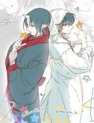  2boys akgi back-to-back bad_id bad_pixiv_id between_fingers black_hair coat collared_shirt from_above hakutaku_(hoozuki_no_reitetsu) holding holding_star hoozuki_(hoozuki_no_reitetsu) hoozuki_no_reitetsu horns japanese_clothes long_sleeves male_focus multiple_boys oni_horns pentagram shirt single_horn star_(symbol) twitter_username white_coat 