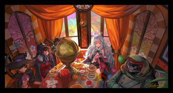  2boys 3girls analog_clock antenna_hair artist_name belt black_border black_hair black_panties blonde_hair blunt_bangs border breasts cloak clock closed_eyes coat commentary curtains dessert dva eyepatch food fur_trim galaktika gas_mask gauntlets general_pepel glasses globe gloves grandfather_clock hat helmet hood hoodie hoshimiya_kate indoors jimon_asuta kikkoumon long_hair looking_at_viewer mask medium_breasts midriff military military_uniform multiple_boys multiple_girls natasha_(sekai_seifuku) navel no_mask pancake panties parfait peaked_cap photoshop_(medium) plamja-sama professor_um purple_hair red_eyes saber_01 seigaiha sekai_seifuku:_bouryaku_no_zvezda shikabane_gorou shikabane_itsuka shippou_(pattern) signature sitting small_breasts smile stained_glass star_(symbol) stuffed_animal stuffed_toy sword table underwear uniform venera-sama very_long_hair weapon white_hair window 