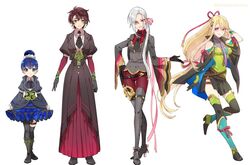  4girls azuki_nagamitsu_(touken_ranbu) bare_shoulders black_gloves black_skirt blonde_hair blue_hair boots brown_hair commentary_request crossed_legs daihannya_nagamitsu_(touken_ranbu) dress frilled_dress frills full_body genderswap_(mtf) gloves grey_footwear hair_bun hair_ribbon kenshin_kagemitsu kouryuu_kagemitsu long_hair looking_at_viewer low-tied_long_hair multiple_girls necktie pants pleated_skirt ponytail red_pants ribbon rule_63 short_hair shuri_(84k) simple_background single_hair_bun skirt smile standing standing_on_one_leg thigh_boots thighhighs touken_ranbu watson_cross white_background white_hair wide_sleeves 