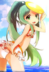  :d amaterasu_(p&amp;d) aqua_hair bare_shoulders bikini blue_sky cloud cloudy_sky commentary_request day female frilled_bikini frills from_behind green_eyes hair_up highres long_hair looking_back open_mouth pikomarie ponytail puzzle_&amp;_dragons sidelocks sky smile solo swimsuit wading water 