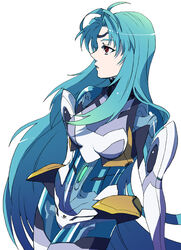  blue_hair breasts commentary_request facial_mark female forehead_mark graphite_(medium) kos-mos long_hair photoshop_(medium) red_eyes salyut solo traditional_media xenosaga xenosaga_episode_ii 