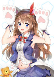  animal_ears animal_hands ankimo_(tokino_sora) blue_eyes blue_skirt blue_vest bow brown_hair cat_ears commentary_request crop_top cropped_shirt cropped_vest female gloves hair_flaps hair_ornament hair_ribbon hairclip highres hololive jacket long_hair looking_at_viewer miniskirt navel oerba_yun_fang open_mouth paw_gloves pleated_skirt red_ribbon ribbon shirt skirt sleeveless sleeveless_shirt solo star_(symbol) star_hair_ornament stuffed_toy synn032 tokino_sora tokino_sora_(1st_costume) vest virtual_youtuber white_background white_shirt 