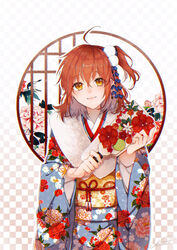  absurdres ahoge asa_no_ha_(pattern) chromatic_aberration commentary_request fate/grand_order fate_(series) female floral_print flower fujimaru_ritsuka_(female) fujimaru_ritsuka_(female)_(ceremonial_new_year) fur_trim furisode genjiguruma hagoita hair_ornament highres holding japanese_clothes kanoko_(pattern) kimono long_hair long_sleeves looking_at_viewer new_year obi official_alternate_costume one_side_up orange_hair paddle peony_print sakuramon sash signature smile solo suna_co upper_body wide_sleeves yellow_eyes 