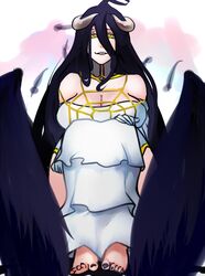  ahoge albedo_(overlord) bare_shoulders barefoot black_hair black_wings breasts cleavage curvy demon_girl detached_collar elbow_gloves female folded_wings gloves hair_between_eyes horns knees_to_chest large_breasts light_smile long_hair looking_at_viewer nail_polish overlord_(maruyama) scathegrapes sitting solo spider_web_print toenail_polish toenails toes very_long_hair white_background white_gloves wings yellow_eyes 