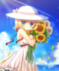  aged_down air_(visual_novel) blonde_hair blue_eyes commentary_request day dress female flower hair_ribbon hat hinokami_sakura kamio_misuzu ribbon short_hair smile solo sun_hat sundress sunflower 