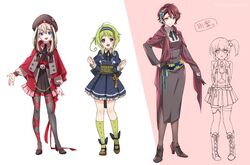  4girls :t arms_behind_back azuki_nagamitsu_(touken_ranbu) black_gloves blue_eyes boots clenched_hands closed_mouth commentary_request cross-laced_footwear dress full_body genderswap_(mtf) gloves green_eyes green_hair green_legwear grey_legwear hairband hand_on_own_hip high_heels hyuuga_masamune kenshin_kagemitsu kneehighs lace-up_boots long_hair mouri_toushirou multicolored_hair multiple_girls open_mouth pantyhose pink_background pleated_skirt prototype_design purple_eyes red_ribbon ribbon rule_63 shrug_(clothing) shuri_(84k) simple_background skirt smile socks streaked_hair touken_ranbu two-tone_background v-shaped_eyebrows white_background white_hair 