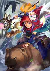  arm_warmers bear belt bird blue_eyes blue_footwear blurry blurry_background chain_chronicle commentary_request crow female highres holding holding_staff hood knife leaf looking_at_viewer mask open_mouth original outdoors purple_hair red_hood riding riding_bear sheath sheathed shoes solo squirrel staff stone syuma_i unworn_mask 