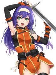  bare_shoulders belt breasts detached_sleeves female fingerless_gloves fire_emblem fire_emblem:_souen_no_kiseki fire_emblem_heroes gloves green_eyes hairband headband highres inanaki_shiki long_hair looking_at_viewer medium_breasts purple_hair smile solo sword wayu_(fire_emblem) weapon white_hairband 