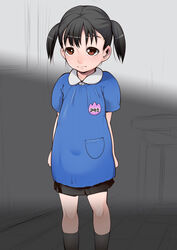  bad_id bad_pixiv_id black_hair blush brown_eyes female j7w kindergarten_uniform lolicon name_tag original short_hair short_twintails solo twintails 