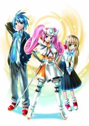  1boy 2girls bad_source blue_eyes blue_hair boots forehead_protector game_console green_eyes highres kei_(keigarou) knee_boots long_skirt loose_necktie magical_girl multiple_girls necktie personification photoshop_(medium) pink_hair school_uniform sega_dreamcast sega_dreamcast_(sega_hard_girls) sega_hard_girls skirt sword thighhighs twintails v_arms weapon 