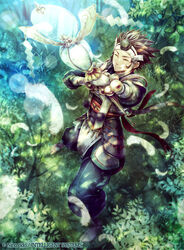  1boy azama_(fire_emblem) bracelet brown_hair closed_eyes commentary_request company_name feathers fire_emblem fire_emblem_cipher fire_emblem_fates full_body grass headband hosi_cobalt japanese_clothes jewelry leaf male_focus nature official_art solo staff tree 