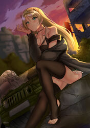  absurdres ass bare_shoulders black_thighhighs blonde_hair blue_eyes blush braid breasts car cleavage closed_mouth clothing_cutout cloud cloudy_sky coat collarbone commentary_request earrings elbow_on_knee elbow_rest evening female girls&#039;_frontline hair_ornament hairclip head_on_hand highres jeep_(company) jeep_wrangler jewelry k5_(girls&#039;_frontline) knee_up korean_commentary large_breasts light_smile long_hair looking_at_viewer molyb motor_vehicle off_shoulder open_clothes open_coat outdoors shoulder_cutout sidelocks sitting skindentation sky smile solo thighhighs thighs wreckage 