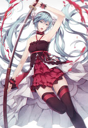  7th_dragon_(series) 7th_dragon_2020 7th_dragon_2020-ii aqua_eyes aqua_hair arm_up armpits commentary dress english_commentary female floating_hair hatsune_miku highres katana kiyo_(chaoschyan) long_hair open_mouth photoshop_(medium) solo sword thigh_gap thighhighs twintails very_long_hair vocaloid weapon white_background 