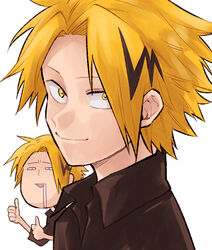  1boy bad_id bad_pixiv_id blonde_hair boku_no_hero_academia drooling dual_persona kaminari_denki looking_at_viewer male_focus multicolored_hair simple_background smile thumbs_up upper_body white_background yellow_eyes yoshitaro_(almendra) 