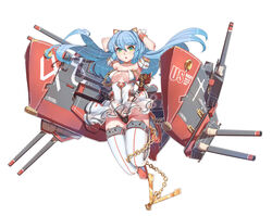  12cat anchor animal_ears black_panties blue_hair breasts cannon chains cleavage_cutout clothing_cutout collarbone commentary_request decal fake_animal_ears female green_eyes hair_between_eyes highleg highleg_panties jumping long_hair looking_at_viewer machinery medium_breasts official_art open_mouth panties rigging see-through solo thighhighs turret underwear warship_girls_r west_virginia_(warship_girls_r) white_background 