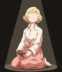  black_background blonde_hair collared_shirt commentary female full_body green_eyes highres holding kneeling long_sleeves looking_at_viewer mefomefo metropolis pants parted_lips pink_pants shirt short_hair solo spotlight swept_bangs tima_(metropolis) white_shirt 