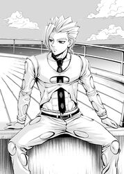  1boy abs baitu boat clothing_cutout cloud commentary_request greyscale hatching_(texture) highres jojo_no_kimyou_na_bouken looking_away male_focus monochrome necktie ocean pannacotta_fugo photoshop_(medium) sitting sky solo watercraft 