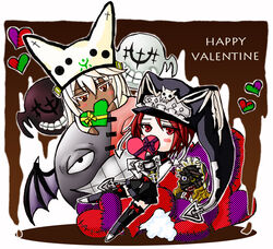  2girls blush_stickers box chibi commentary_request creature dark-skinned_female dark_skin guilty_gear guilty_gear_2 guilty_gear_xrd happy_valentine hat heart heart-shaped_box lucifero_(guilty_gear) mgr_(ikku) multiple_girls pun ramlethal_valentine red_eyes red_hair valentine valentine_(guilty_gear) white_hair 