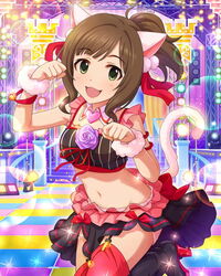  animal_ears artist_request brown_hair cat_ears cat_tail female green_eyes hair_ribbon idolmaster idolmaster_cinderella_girls maekawa_miku midriff oerba_yun_fang official_art over_the_collar_(idolmaster) paw_pose ponytail red_thighhighs ribbon short_hair smile solo sparkle tail thighhighs 