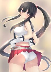  absurdres ass bad_id bad_pixiv_id black_hair blush drum_(acta2436) female gloves highres kantai_collection long_hair looking_at_viewer midriff miniskirt panties pantyshot ponytail red_eyes red_skirt school_uniform serafuku skirt solo underwear very_long_hair white_panties yahagi_(kancolle) 