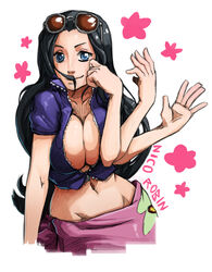  bad_deviantart_id bad_id bankage black_hair blue_eyes breasts cleavage crop_top devil_fruit_power extra_arms eyewear_on_head female hair_in_own_mouth hair_slicked_back large_breasts midriff navel nico_robin no_bra one_piece sarong smile solo sunglasses waving 