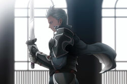  1boy armor backlighting blue_eyes blue_hair breastplate cape commentary_request faulds fire_emblem fire_emblem_fates from_side gauntlets gloves grey_hair highres holding holding_sword holding_weapon if_oki indoors looking_away male_focus pauldrons profile puff_and_slash_sleeves puffy_sleeves serious shoulder_armor silas_(fire_emblem) solo sunlight sword sword_in_front_of_face weapon window 