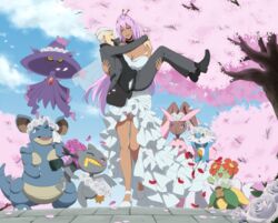  banette bare_shoulders bellossom belt black_footwear blue_sky breasts carrying cherry_blossoms choker closed_eyes cloud danzilla dark_skin day female flower formal gardevoir gen_1_pokemon gen_2_pokemon gen_3_pokemon gen_4_pokemon head_wreath large_breasts long_hair lopunny mismagius nidoqueen one_eye_closed open_mouth outdoors petals pink_hair pink_sclera pokemon pokemon_(creature) princess_carry purple_hair red_eyes shoes size_difference sky tears tree veil walking white_flower white_footwear white_hair yellow_eyes 