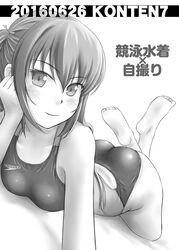  barefoot commentary_request competition_swimsuit female greyscale highres long_hair lying monochrome on_stomach one-piece_swimsuit original solo swimsuit the_pose tk4 twintails two_side_up 