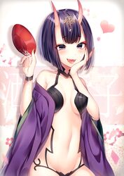  alcohol commentary cup eyebrows fangs fate/grand_order fate_(series) female hand_on_own_cheek hand_on_own_face heart highres horns japanese_clothes kimono navel ntk_(7t5) oni open_mouth purple_eyes purple_hair revealing_clothes sakazuki sake shuten_douji_(fate) shuten_douji_(first_ascension)_(fate) skin-covered_horns solo 