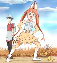  1boy :d aho_girl akutsu_akuru animal_ears annoyed backpack bag banana_peel black_gloves blue_hair blue_sky bow bowtie brown_eyes cloud commentary_request cosplay day elbow_gloves exercising female gloves grass hanabatake_yoshiko hands_on_own_hips hat helmet high-waist_skirt jitome kaban_(kemono_friends) kaban_(kemono_friends)_(cosplay) kemono_friends long_hair looking_at_another looking_at_viewer mushi_gyouza open_mouth outdoors pantyhose pith_helmet print_bow print_bowtie print_gloves print_skirt print_thighhighs red_hair red_shirt savanna_striped_giant_slug_(kemono_friends) savannah serval_(kemono_friends) serval_(kemono_friends)_(cosplay) serval_print shirt short_hair shorts skirt sky sleeveless sleeveless_shirt slug smile sweatdrop tail thighhighs twintails v-shaped_eyebrows white_shirt 