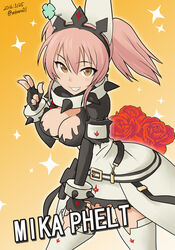  arc_system_works blush bouquet breasts brown_eyes clover cosplay dress elphelt_valentine elphelt_valentine_(cosplay) female fingerless_gloves fingernails four-leaf_clover gloves grin guilty_gear guilty_gear_xrd guilty_gear_xrd:_revelator idolmaster idolmaster_cinderella_girls jougasaki_mika large_breasts leaning leaning_forward long_fingernails long_hair looking_at_viewer pink_hair red_rose rokuro sharp_fingernails shiny shiny_skin smile solo spiked_collar spikes thighhighs twintails zaki_(narashigeo) 