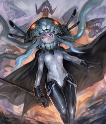  abyssal_ship bodysuit cape commentary_request female gloves glowing glowing_eyes grey_hair highres kantai_collection long_hair photoshop_(medium) red_eyes shousuke_(skirge) solo wo-class_aircraft_carrier 