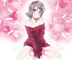  bare_shoulders barefoot bed_sheet blue_eyes blush collarbone commentary_request feathers female grey_hair heart heart_background highres long_sleeves looking_at_viewer love_live! love_live!_sunshine!! no_pants off-shoulder_sweater off_shoulder panties photo-referenced pink_background red_sweater saitou_shuka short_hair sitting sleeves_past_wrists solo sweater underwear voice_actor_connection watanabe_you white_panties zero-theme 