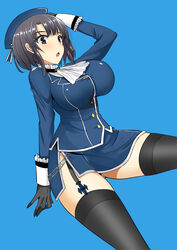  ascot ass_visible_through_thighs beret black_gloves black_hair black_thighhighs blue_background blush breasts commentary_request dutch_angle female garter_straps gloves hat jacket kantai_collection large_breasts military military_jacket military_uniform open_mouth pencil_skirt red_eyes shijou_sadafumi short_hair simple_background skirt smile solo takao_(kancolle) thighhighs uniform white_ascot 